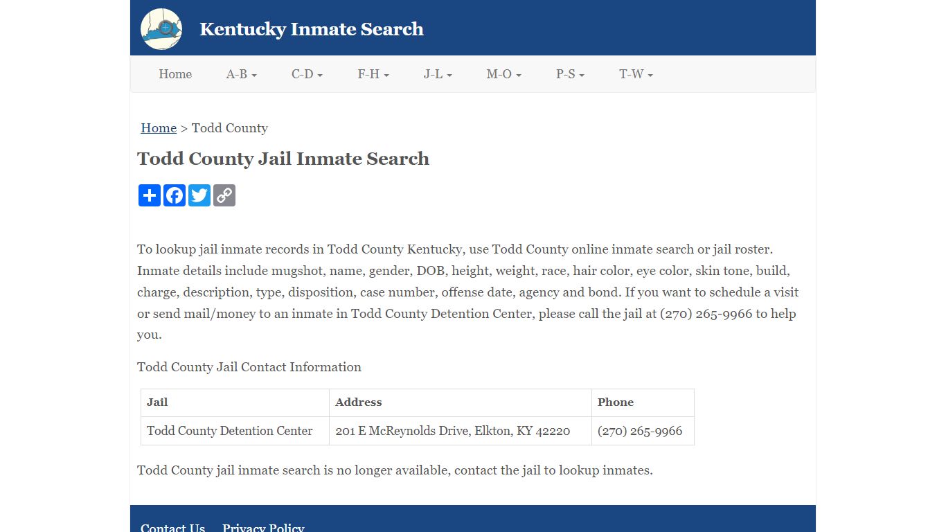 Todd County Jail Inmate Search